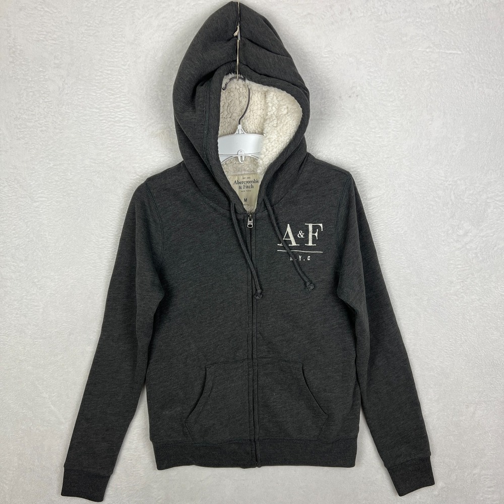 Abercrombie‎ & Fitch Full Zip Hoodie Womens Medium Sherpa Lined Gray Sweatshirt
